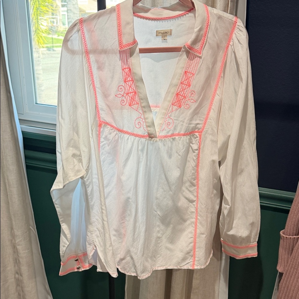 Pilcro White Tunic with Coral Pink Embroidery